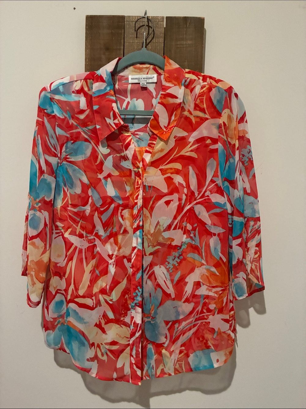 Rebecca Malone Coral Red Multi Floral Sheer Button-Up Blouse